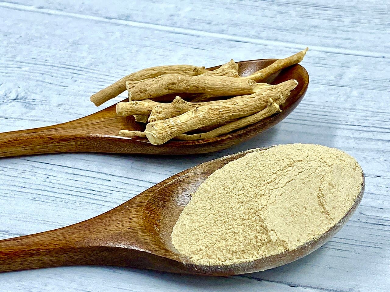 Ashwagandha root and ashwagandha powder on wooden spoons