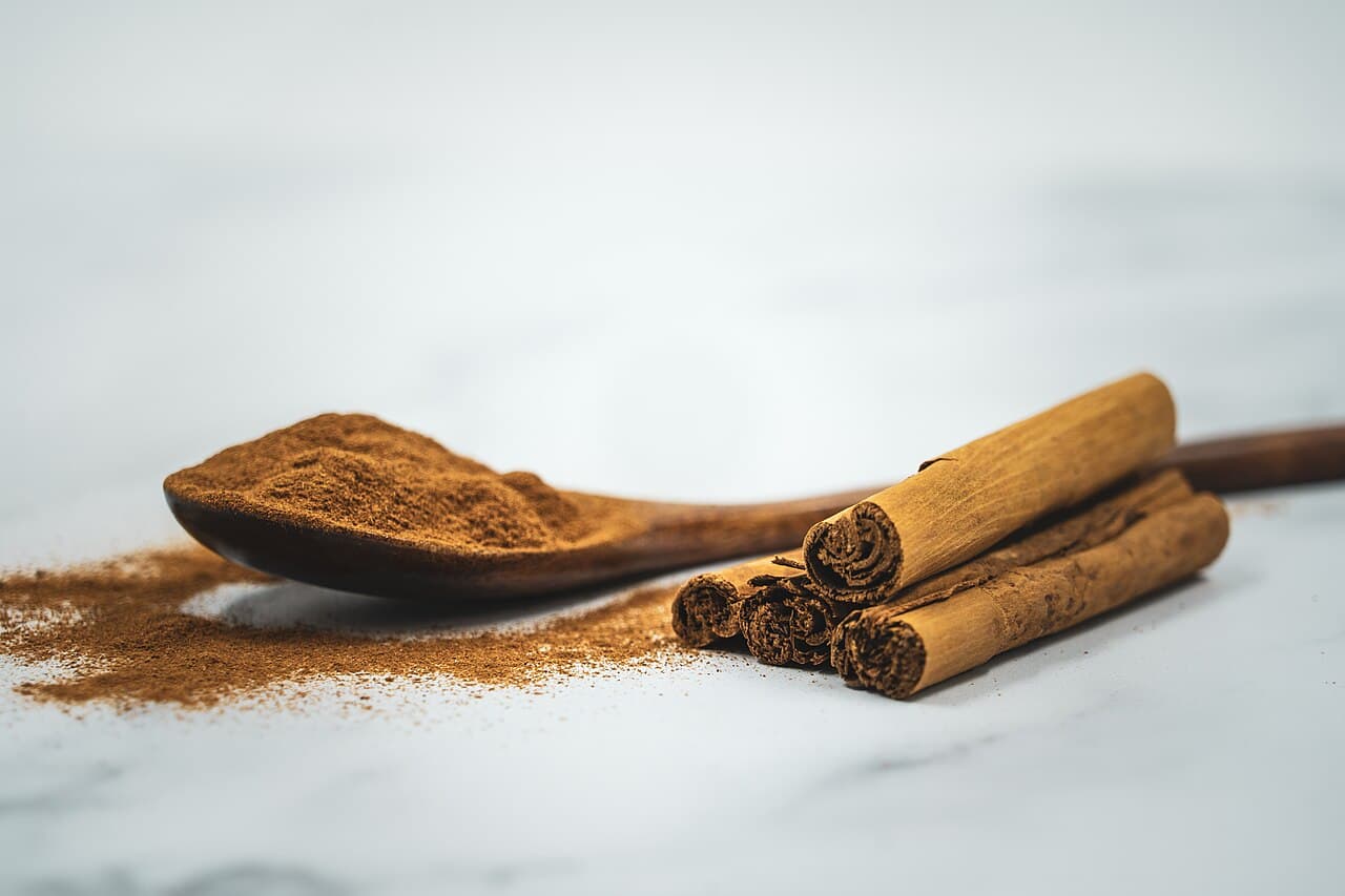 Ground dalchini (cinnamon) powder with cinnamon sticks